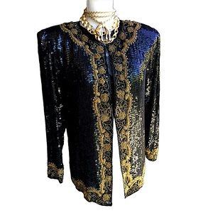 Vintage Show Stopping  Black & Gold Silk/Beaded Jacket B6